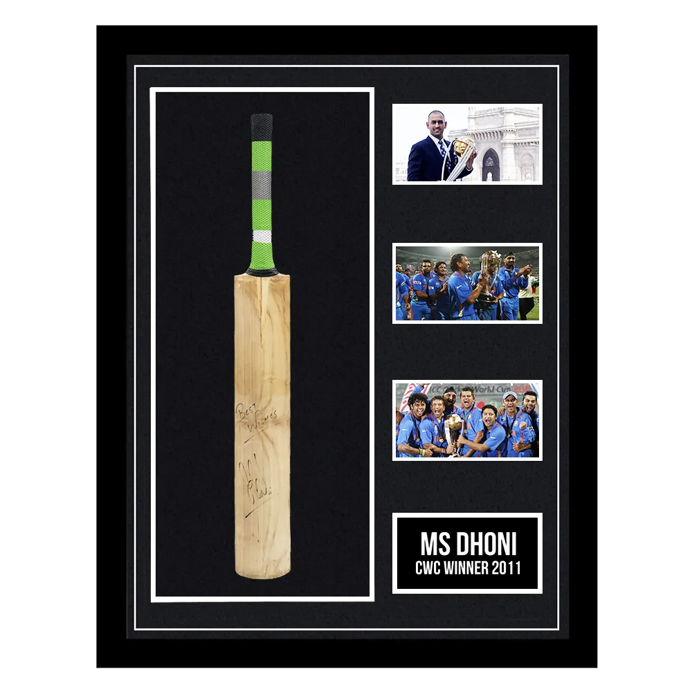 MS Dhoni signed bat, framed, 2011 World Cup winner