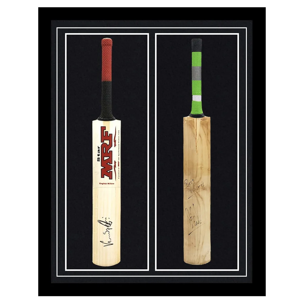 Kohli and Dhoni signed bats, framed together, 1 of 1