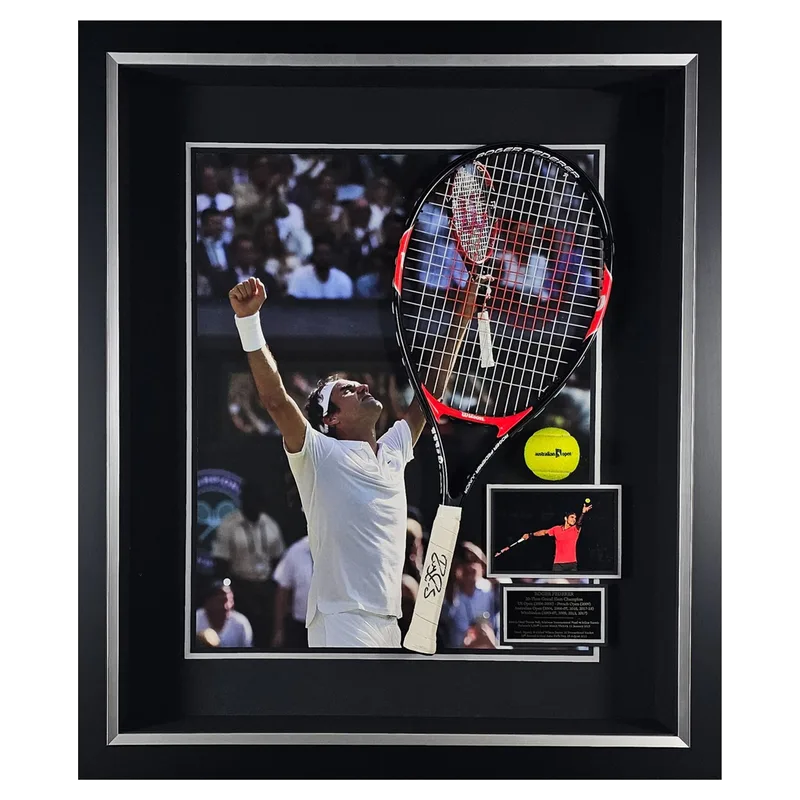 Roger Federer signed and used racket, 2015 exhibition, framed